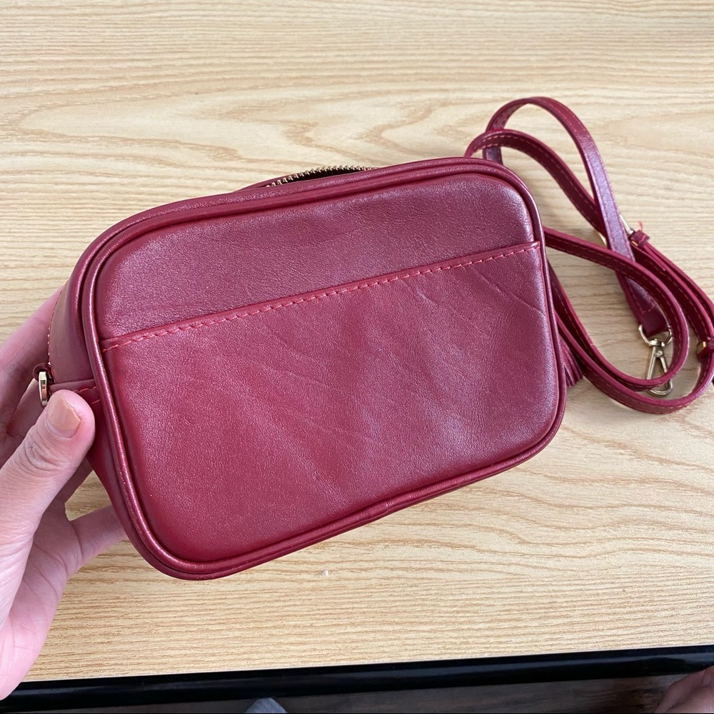 Small Red Leather Boxy Crossbody Bag With Tassels